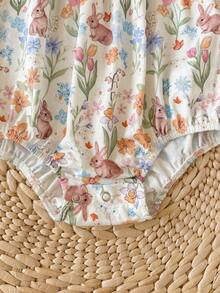 SHEIN LMoss Kids Baju Terusan Bayi Perempuan Baru Lahir Lucu untuk Musim Panas, Kasual, Motif Bunga, Lengan Bergelombang - MultiWarna - View 8