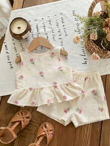 SHEIN 兒童嬰兒/幼兒（女童）背心套裝，碎花印花皺褶布料圓領無袖上衣與短褲套裝 - 粉色 - 查看 2