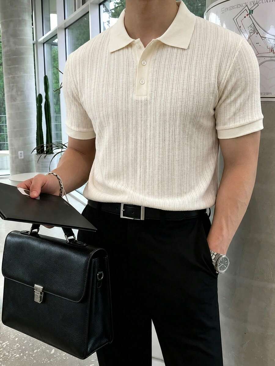 JOLTRO 男士夏季短袖鈕扣式純色極簡 Polo 衫，正式款 - 杏色 - 查看 1