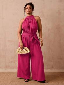 Slaydiva Mono de cuello halter de unicolor talla grande para vacaciones y uso casual - Rosa Fucsia - Ver 8