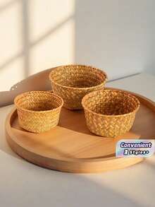 1 buah Baki Buah Anyaman Rotan Bulat Kuning Ukuran 7,5/8,6/10 Inci - Tahan Lama, Tahan Air & Buatan Tangan. Keranjang Sajian Elegan untuk Permen, Camilan, Kopi, Roti & Pesta - Kuning - View 2