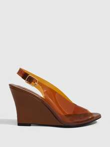 CUCCOO SZL 女款時尚優雅楔形粗高跟涼鞋，圓頭露趾後扣帶 Slingback 玻璃膠款，適合春夏秋季 - 駝色 - 查看 2