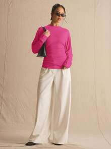 MUSERA Top de manga larga con cintura fruncida y mangas de murciélago, estilo cottage core, lindo y acogedor, para primavera y verano, conjunto Spring Dew - Rosa Fucsia - Ver 4