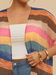 SHEIN VCAY Plus Size Women's Striped Colorblock Casual Vacation Travel Kimono Cardigan - Multicolor - View 5