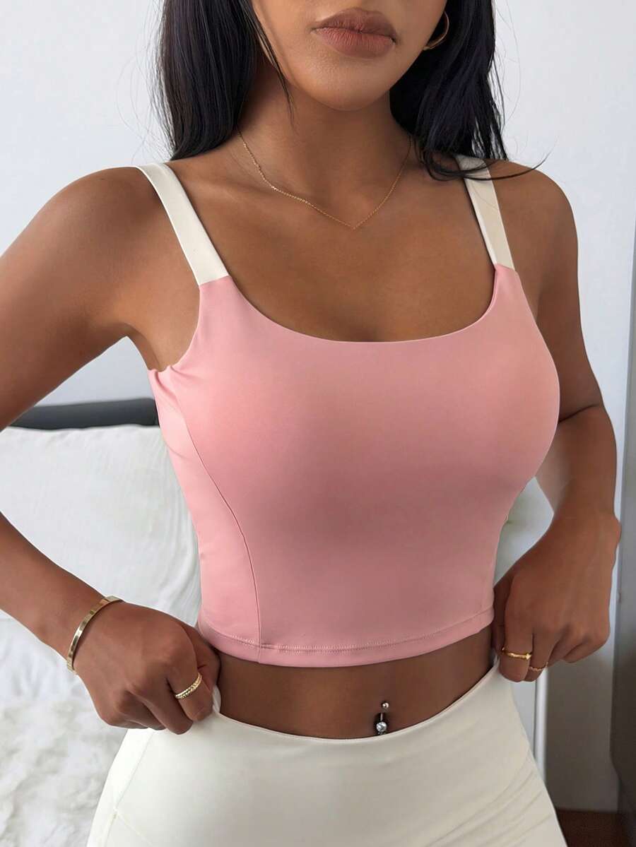 DAZY Contrast Color Shoulder Strap Padded Cropped Sports Bra For Women - Pink - View 1