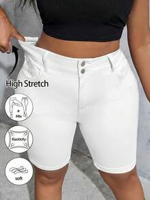 SHEIN Tall CURVE Celana Pendek Denim Wanita Ukuran Besar Tinggi dengan Saku, Potongan Ramping, Kasual, Longgar, Serbaguna, Formal, untuk Acara Keluar, Warna Putih, Musim Panas - Putih - View 1