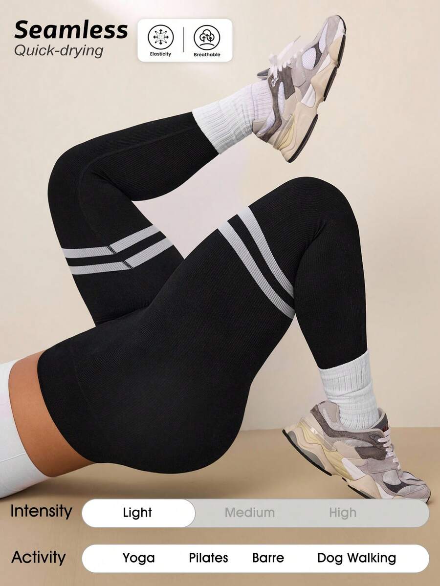 Easithlete Plus Size Women's High Waist Solid Color Patchwork Casual Tight Leggings Yoga Pants - Black - View 1