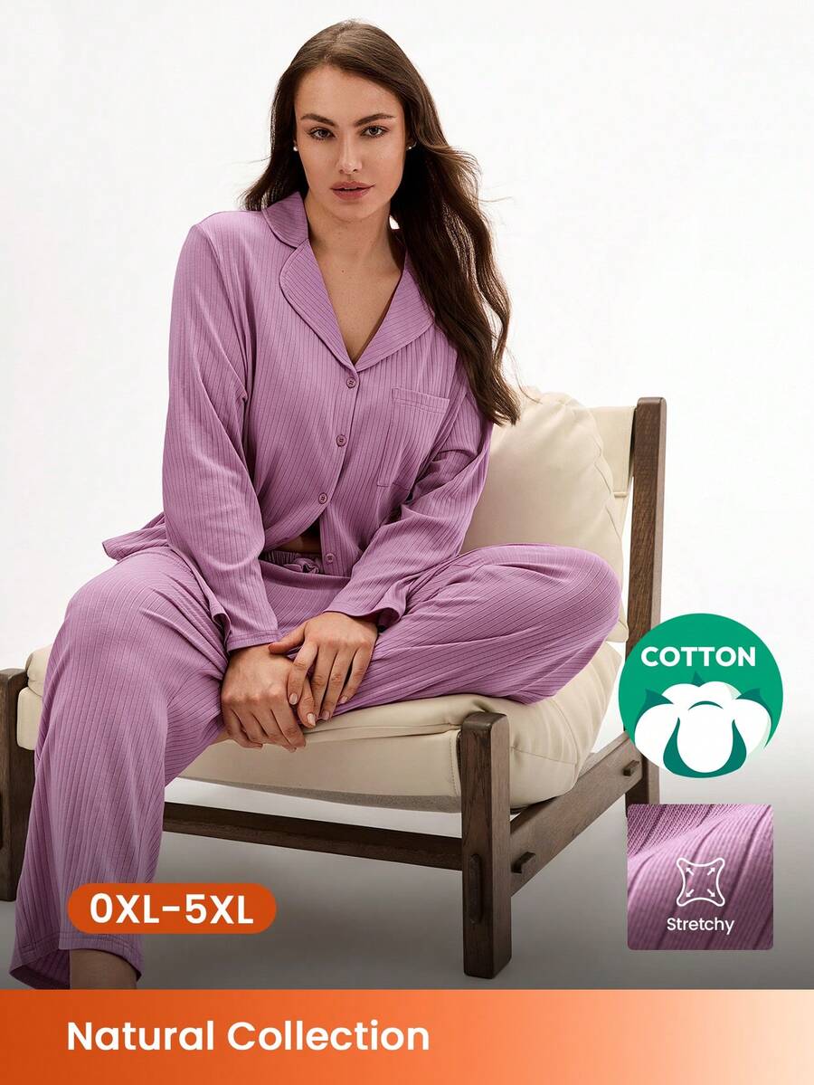 LUVLETTE 加大码女士罗纹舒适100%纯棉基础经典长款睡衣家居服套装四季皆宜,适合曲线身材,尺码齐全。 - 粉色 - 查看 1