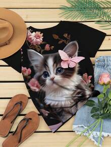 Resyla Kaos Wanita Kasual Lengan Pendek Leher Bulat Motif Kupu-kupu & Kucing Kartun - Hitam - View 2
