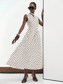 Aveloria Modichic Women's Dress High Waist A-Line Tie High Neck Sleeveless Midi Swing Elegant French 70s Vintage White And Black Polka Dot Tea Party Brunch Summer - Black and White - View 7