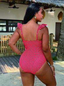 Swim Vcay Traje de baño de una pieza para mujer talla grande 2026, color café con estampado de cuadros pequeños, diseño de cuello en V, dobladillo con volantes, cintura fruncida, control de abdomen, efecto estilizante, Bottom triangular - Rojo - Ver 2