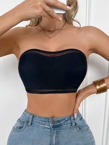 SHEIN 色無縫網格拼接透視性感抹胸式裹胸內衣女款 - 黑色 - 查看 3