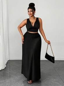 Maweii Women's Summer Elegant Satin Solid Color Mermaid High Waist Bodycon Skirt, Casual Wear, Vacation Outfit, Sister Shopping Party Outfit Fall - Black - View 5