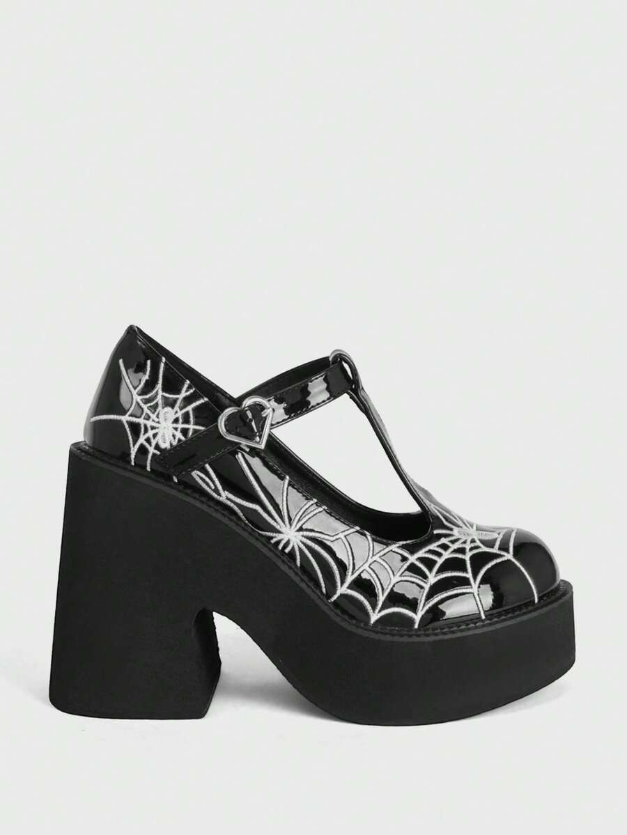 Sugerpunk Zapatos de mujer de moda con tacón inclinado y plataforma, estilo punk gótico de calle, punta redonda, suela gruesa, diseño de hebilla con bordado de hilo de telaraña - Negro de carbón mate - Ver 1