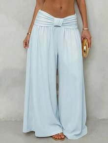 Glamine Women's Elegant Vacation Long Loose Waist-Cinching Skorts, Cream Yellow Long Pants, Suitable For White Sand Beach Vacation, Dating And Outings - Baby Blue - View 6