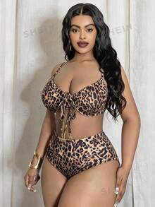 Slaydiva Women's Spring/Summer Spaghetti Strap Drawstring Sexy Beach Swimwear Set, Plus Size Brown - Multicolor - View 3