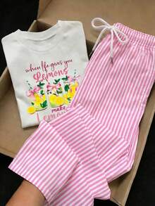 Comfortcana 2件組刺繡圓領短袖上衣與條紋印花長褲，休閒風 - 彩色 - 查看 6