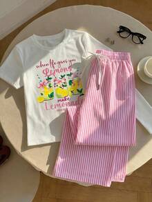 Comfortcana 2件組刺繡圓領短袖上衣與條紋印花長褲，休閒風 - 彩色 - 查看 7