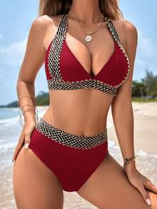 Swim Lushoire Women's Summer Beach Vacation Halter Neck Tie Strap Sexy Fashion Bikini Two-Piece Swimsuit Set Black - Burgundy - View 4