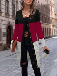 EMERY ROSE Cárdigan casual de bloques de color y patchwork para otoño/invierno - Multicolor - Ver 4