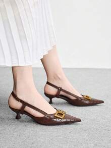CUCCOO BIZCHIC Pointed Toe Chain Decor Closed Toe Kitten Heel Pumps, Formal Work Shoes For Women For Christmas Valentine's Day Spring Shoes - Coffee Brown - View 5