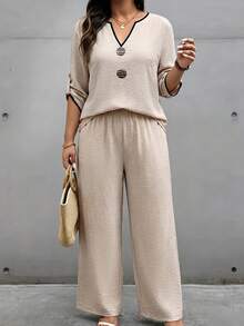 Weeklong Plus Size Beige V-Neck Top With Black Trim & Matching Wide Leg Pants Set, Casual Minimalist Style Fall - Apricot - View 3