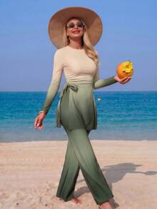 Swim Mulvari Blue Gradient Loose Two Pieces Set, Gradient Design Wide Leg Pants, Flattering Slimming Slouchy Outfit - Multicolor - View 3