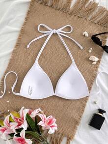 Swim Vcay 女款最新時尚沙灘裝，度假休閒，粉色百合花卉印花掛脖綁帶比基尼上衣套裝，優雅性感夏季女士泳裝 - 白色 - 查看 2