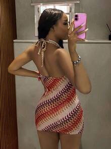 StreetHx Women's Colorful Striped Vacation Style One-Shoulder Fitted Short Dress - Multicolor - View 2