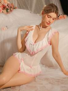 DelicateAllure Mono Babydoll Lencería para Mujer con Bloques de Color Rosa, Volantes de Malla & Encaje, Patchwork Transparente y Estilizador, Puro & Lindo - Rosa - Ver 5
