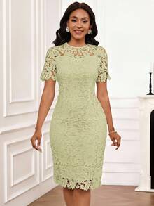 SHEIN Lady 女士优雅蕾丝修身连衣裙，绿色 - 綠色 - 查看 4
