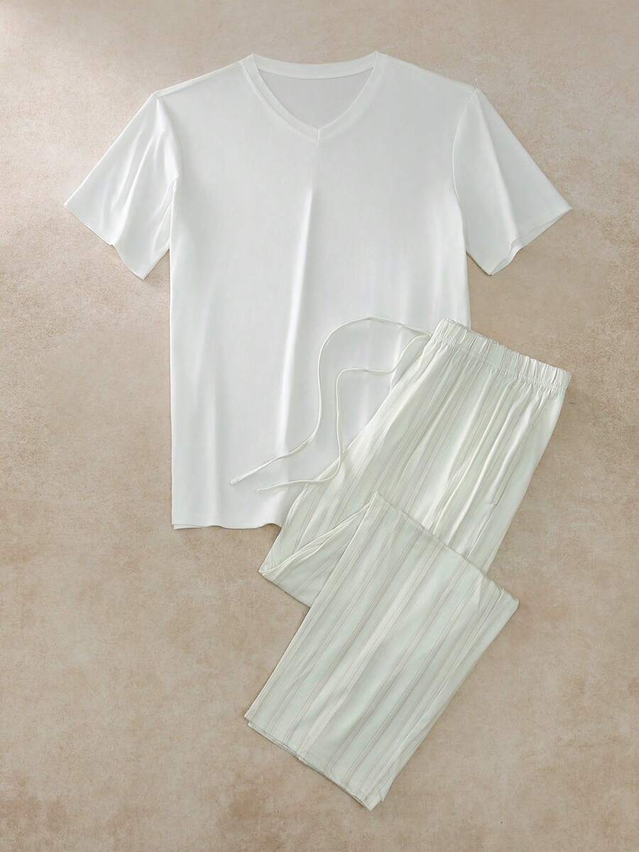 EverLounge Men's Solid Color Short Sleeve Top And Long Pants Loungewear Set - Multicolor - View 1