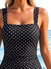 Swim Lushoire 女款黑白波點比基尼套裝，寬肩帶，抓皺修身剪裁，2件式泳衣，適合夏季海灘度假假期，歐風 - 黑與白 - 查看 4