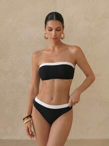 Anewsta Conjunto de bikini de 2 piezas con top bandeau de color contrastado y traje de baño sexy para mujer de verano - Blanco y Negro - Ver 1