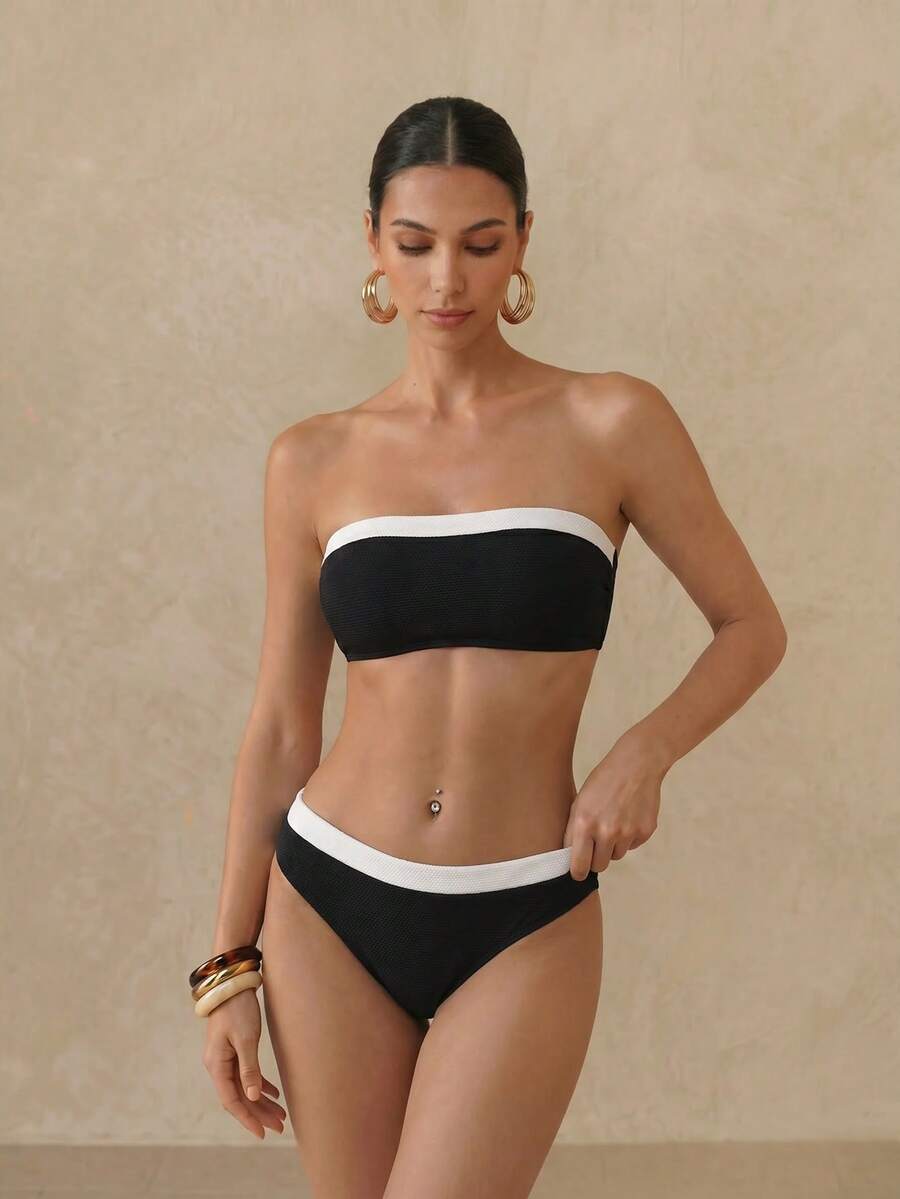 Anewsta Conjunto de bikini de 2 piezas con top bandeau de color contrastado y traje de baño sexy para mujer de verano - Blanco y Negro - Ver 1