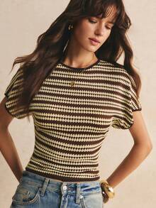 Poéselle Women's Summer Casual Striped Waist-Cinching T-Shirt - Brown - View 5