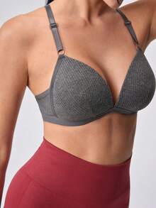 Loungeista 1 pièce de soutien-gorge sans fil à rayures de couleur unie pour femmes, confortable et ajusté, avec des bretelles réglables, de qualité stable, simple et décontracté, soutien-gorge/sous-vêtement anti-affaissement pour tous les jours - Gris foncé - Voir 6