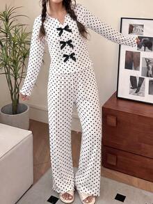 SHEIN 少女波點印花甜美對比色緞帶 3D 蝴蝶結 V 領半開襟波浪邊長袖居家休閒睡衣套裝 2 件組 黑白波點 - 黑與白 - 查看 4