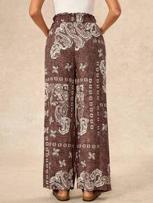 Boho Mama Pantalones largos de maternidad con patrón de anacardo, volantes y lazo en la cintura para vacaciones - Marrón - Ver 5