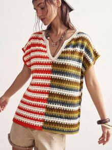 Bohemela Top de punto con bloques de color, rayas y patchwork para mujer - Amarillo - Ver 7