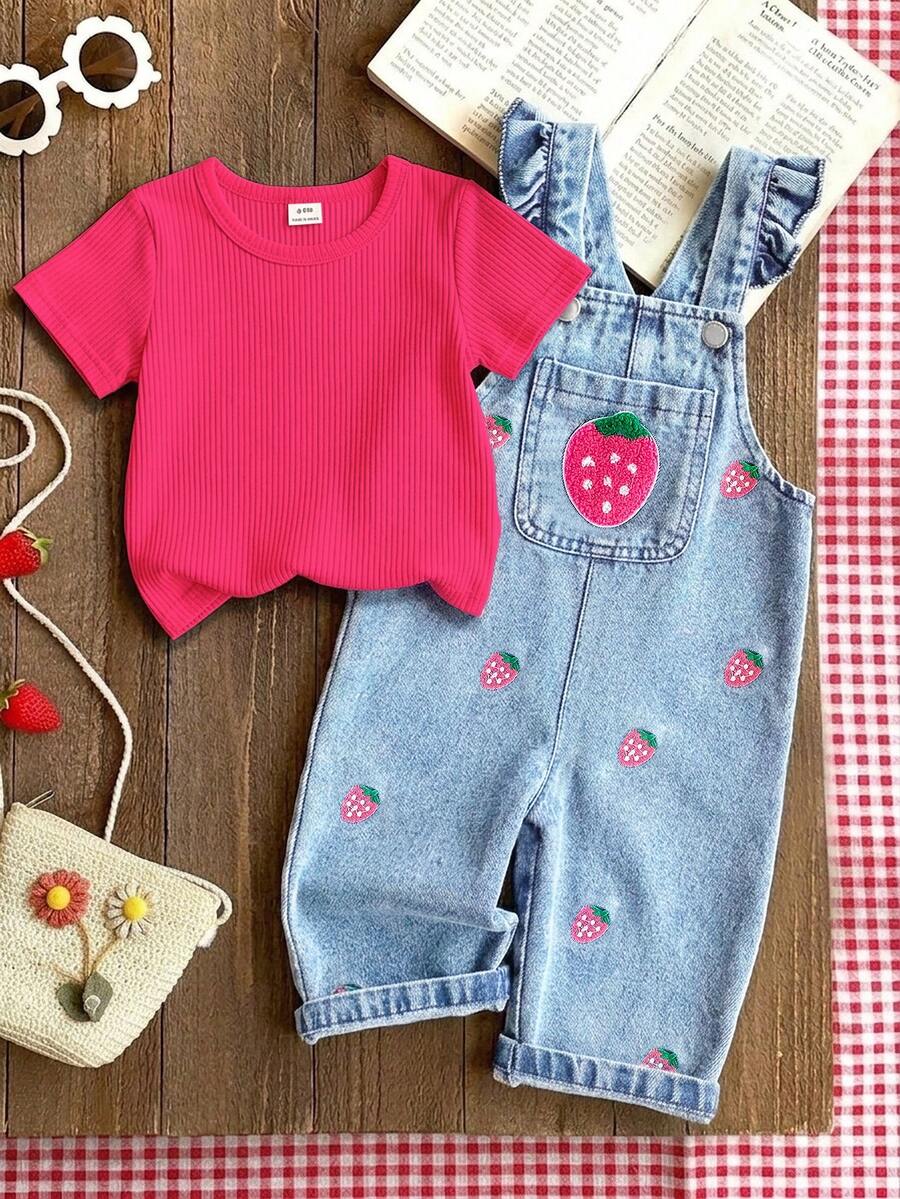 SHEIN Vintaside Kids 1件女嬰淺藍色牛仔連身褲 夏季休閒度假款 刺繡草莓肩帶吊帶褲 可愛嬰兒連身衣 水果造型 外出穿搭