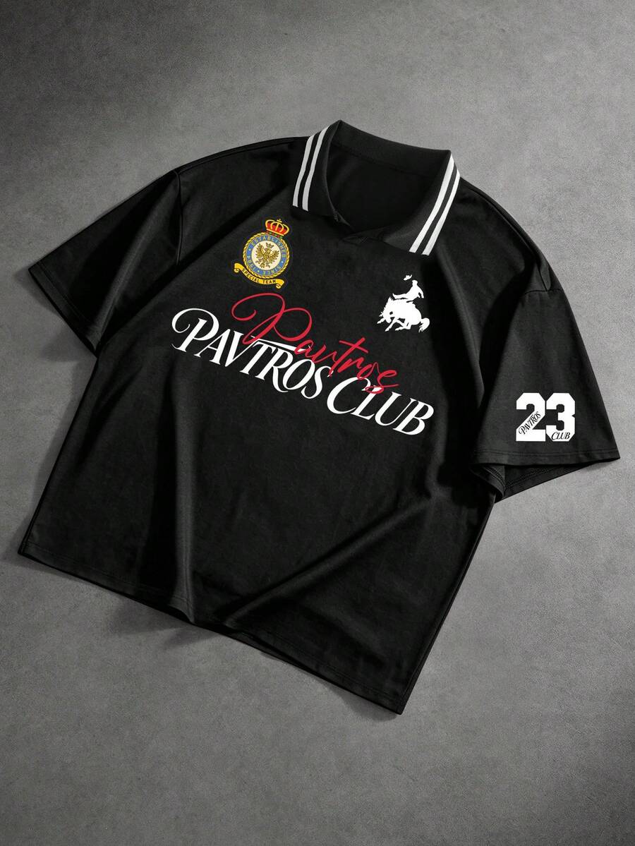 PAVTROS 男士夏季休閒字母印花 Polo 衫 - 黑色 - 查看 1