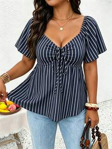 SHEIN Frenchy Casual Spring/Summer Nautical Style Blue & White Striped Pattern Off-Shoulder Drawstring Plus Size Women's T-Shirt, Vacation Women's Off-Shoulder Summer Top - Multicolor - View 6