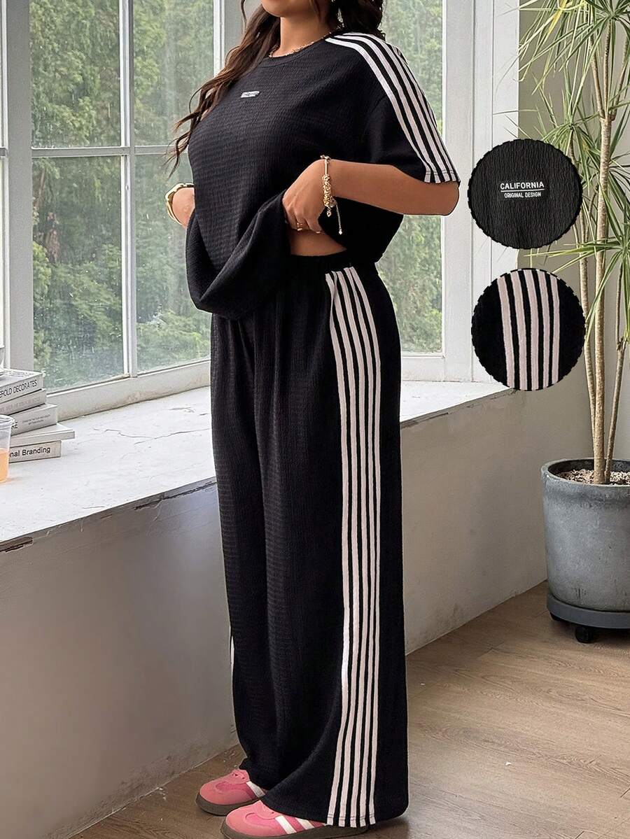 SHEIN EZwear 大码女装两件套,拼接撞色短袖上衣和裤子,休闲日常穿着 - 黑色 - 查看 1