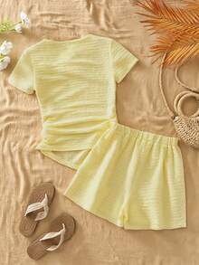 SHEIN Conjunto de camiseta de manga corta asimétrica de diseñador amarillo para adolescente (niña) con cuello inclinado y cintura con volantes, - Amarillo - Ver 2