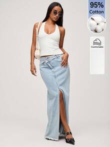 SHEIN BASICS Camiseta de tirantes con cuello halter y abertura lateral en el bajo de unicolor para mujer - Blanco - Ver 4