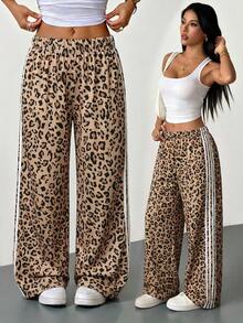 SHEIN PETITE レディース 伸縮ウエスト カジュアル 多用途 通勤 ワイドレッグ スウェットパンツ チーター柄 ボトムス - ココア - チェックする 1