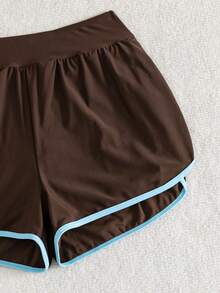 Swim Basics Springbreak 女款黑白拼接飾邊運動休閒短褲沙灘褲 - 咖啡棕 - 查看 6