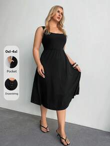 Auralis Summer Black Sleeveless A-Line Dress With Square Neck And Cinched Waist Midi Length With Pockets Sporty Drawstring Back Vacation Casual Formal - Black - View 6
