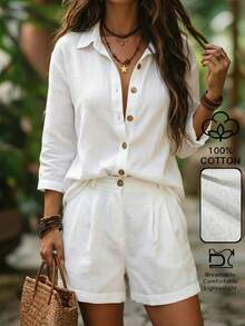Zayélia Apricot Short Sleeve Shirt With Button Decor + Apricot Pleated Short Sleeve 2 Pieces Set, Casual Daily Commute Vacation - Apricot - View 1